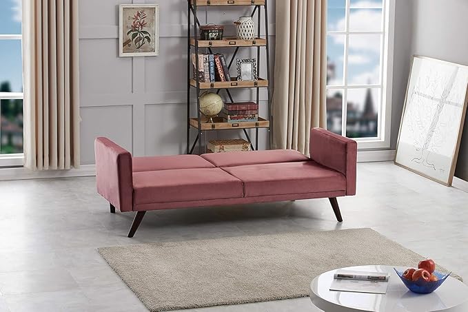 72 Retro Velvet Sofa Bed - Vintage Modern Convertible Futon w/Reclining Backrest - Velvet Upholstery on Solid Wood Frame (72 L x 34.6 W x 30.23 H) Rose