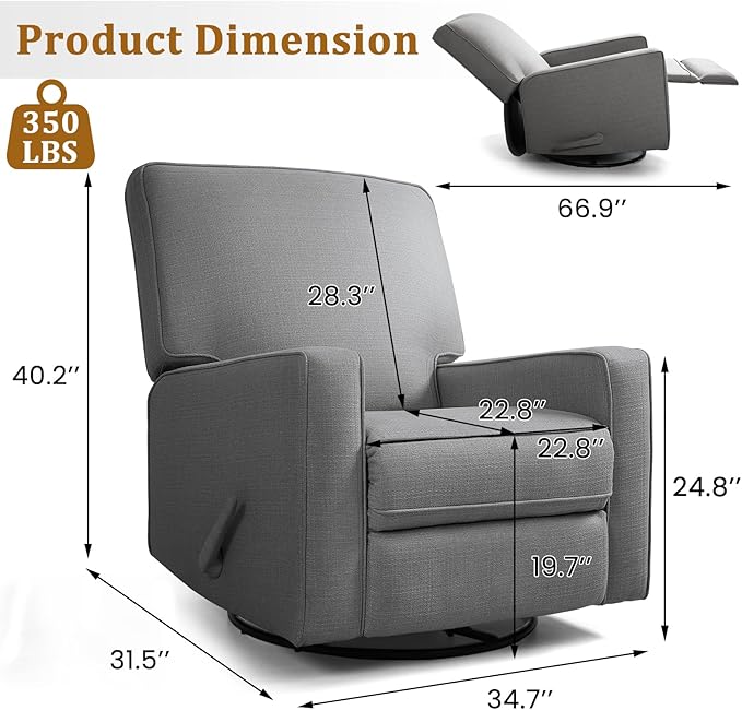 Swivel Rocker Recliner Chair for Adults High Back Fabric Recliner with Deep Seat Manual Glider for Living Room &amp Nursery Charcoal