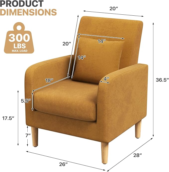 Magshion Mid-Century Accent Chair for Living Room Comfy Reading Chair for Bedroom Upholstered Linen Fabric Armchair Single Sofa with Back Pillow &amp Wood Legs 300 lbs Capacity Yellow