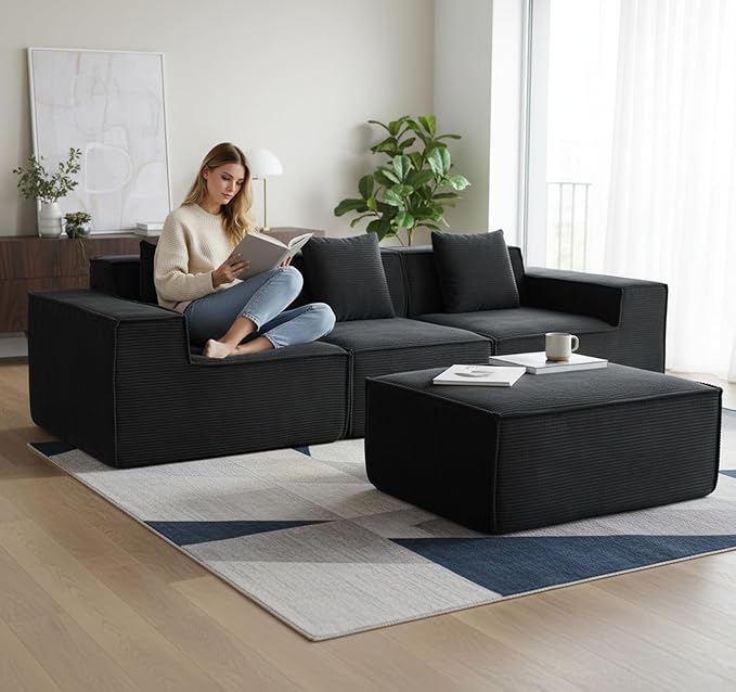 Rowan Convertible Corduroy Sectional Couch with Ottoman &amp Pillows Modular L Shaped Sleeper Sofa Boneless Cloud Couch for Living Room Furniture Black