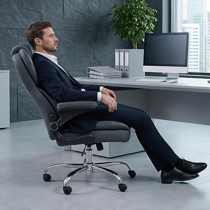 Office Desk Chair Executive Leather Office Chair High Back Ergonomic Home Desk Chair with Padded Flip-up Arms Big and Tall Computer Chair with Rocking Function 360°Swivel Free Gray