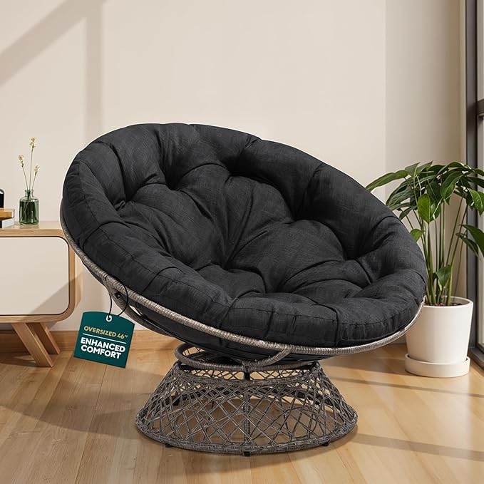 Bme 46 Large Size Ergonomic Wicker Papasan Chair with Soft Thick Density Fabric Cushion Bee-Designed Base High Capacity Steel Frame 360 Degree Swivel for Living Bedroom...