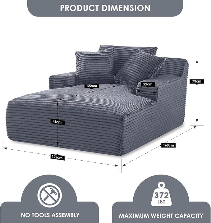 Container Furniture Chamden Oversized Chaise Lounge Chair Modern Corduroy Sofa Bed with Full Foam Cushioning Cozy Convertible Sleeper for Living Room or Bedroom Grey