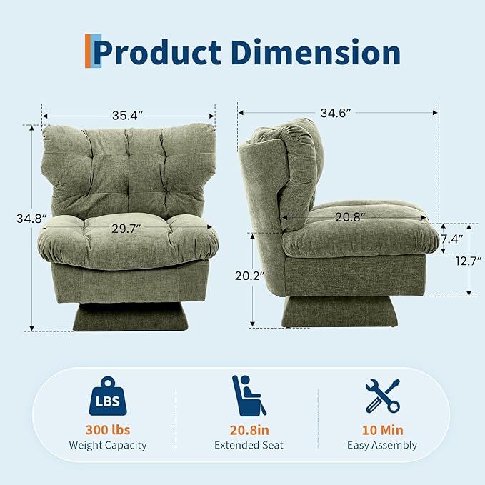 Chenille 360° Swivel Accent Chair Modern Comfy Sofa Chair with Oversized Base 20.8 Deep Extended Seat Cozy Cotton Filling 300 Lb Weight Capacity for Living Room Bedroom or Office Green