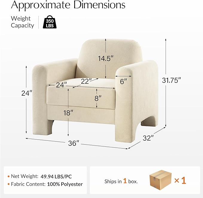 HULALA HOME Modern Curved Accent Club Chair Chenille Armchair Upholstered Sofa Chair with Wrapped Armrests Comfy Reading Armchair for Living Room Easy Assembly Ivory