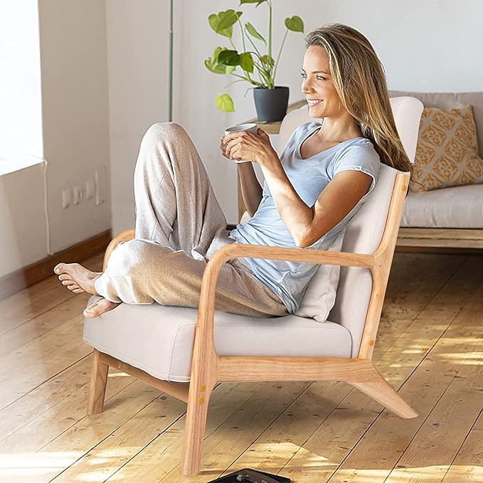 LUCKYERMORE Modern Accent ChairSet of 2 Reading Armchairs with Adjustable Headrest Upholstered Linen Lounge ChairSolid Wood Comfy Chair for Living Room Bedroom Apartment Beige