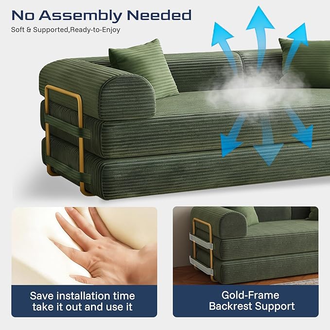 Compression Sofa 75 inch Convertible Floor Sofa Bed 2-in-1 Foldable Frameless Sofa Memory Foam Mattress Corduroy Fabric Pulls Out Couch Suitable for Living Rooms 、Apartments Green (2 Pillows)