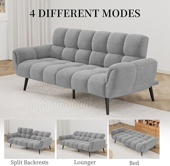 Convertible Futon Sofa Bed 76.77 Modern Linen Futon Couch Comfy Sleeper Sofa with Adjustable Backrests Couch Bed for Small Spaces Living Room Bedroom Apartment Grey