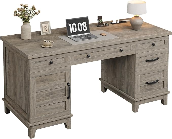 IDEALHOUSE Extra-Large Double Workstation Desk Spacious Home Office Desk with Adjustable Storage Cabinets Full-Extension File Drawers &amp Built-in Charging Station for Shared Work/Study Retro Gra