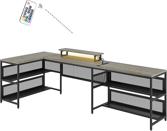 Penau U Shaped Computer Desk with LED Strip L Shaped Desk with Storage Shelves Vintage Style Home Office Gaming Desk