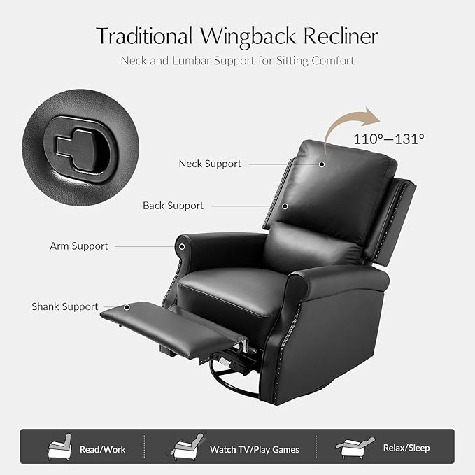 HULALA HOME Faux Leather Swivel Rocker Recliner with Adjustable Backrest and Footrest Push Back Recliner Chair with Nailhead Trim 360° Swivel Glider Rocking Chair for Living Room Bedroom Black