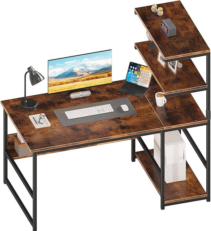 ALISENED 47 Inch Computer Desk with 4-Tier Storage Shelves Modern Large Office Desk Computer Table Studying Writing Desk Workstation with Bookshelf and Tower Shelf for Home Office