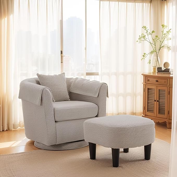 Gray Swivel Accent Chair with Ottoman 360° Barrel Chairs with Foot Stool Comfy Reading Chair with Removable Pillow &amp 2 Armrest Covers for Living Room Small Spaces Bedroom Chenille (Gray)
