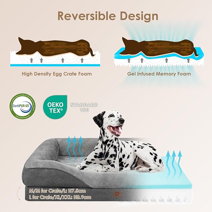 EHEYCIGA Orthopedic Dog Bed for Large Sized Dog 36x27x7 Inch Large Memory Foam Dog Couch Bed with Sides Waterproof Liner &amp Washable Removable Cover Bolster Pet Sofa Grey