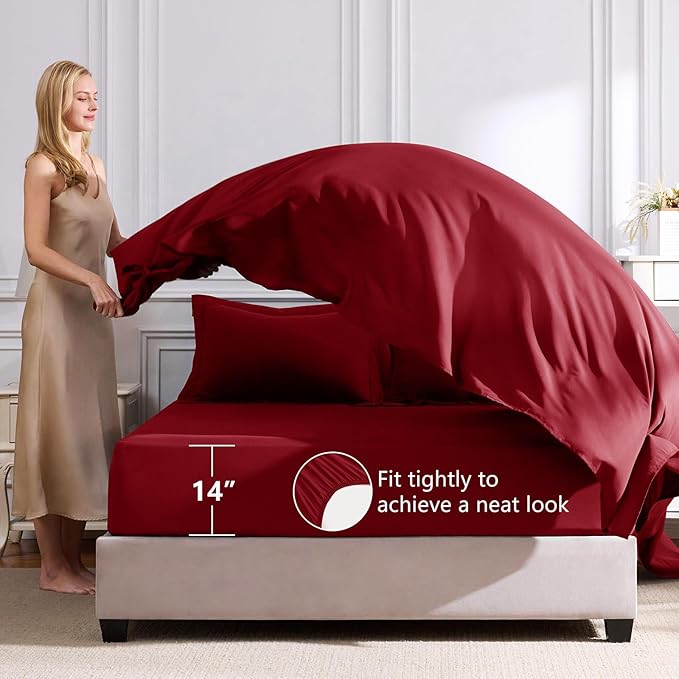 CozyLux Queen Comforter Set Dark Red - Bed in a Bag Queen Size 7 Pieces Luxury Soft Bed Set for All Seasons Bedding Set with Down Alternative Comforter Sheets Pillowcases &amp Shams