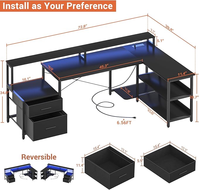 Aheaplus L Shaped Desk with Power Outlet Reversible L Shaped Computer Desk with File Drawer &amp Monitor Stand Gaming Desks with LED Strip Home Office Desks with Storage Shelf1Black