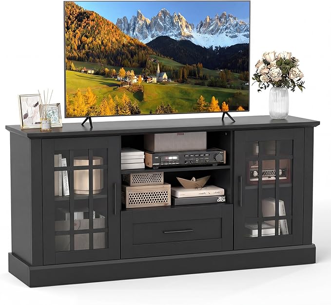 Tangkula Farmhouse TV Stand for TV up to 65 70 Inches Tall Media Console Table with 2 Glass Storage Cabinets 1 Drawer &amp 2 Open Shelves Wooden Entertainment Center for Living Room (Black)