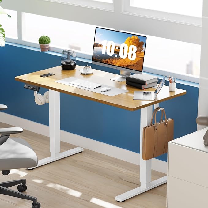 Sweetcrispy Electric Standing Desk Adjustable Height 48x24 Inch Sit Stand Up Home Office Desks Computer Workstation PC Work Table with 3 Memory Preset Splice Wood Board Metal Frame Oak