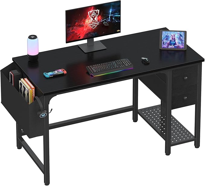 Lufeiya Gaming Desk with Fabric Drawers 47 Inch Computer Desk for Home Office Modern Simple Study Writing Table PC Desks for Bedroom Black
