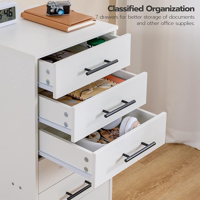 HOOBRO 7-Drawer File Cabinet Wooden Office Cabinet with Drawers Mobile Storage Filing Drawer for Home Office Study Easy Assembly White WT07WJ01