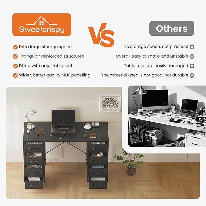 Sweetcrispy Computer Gaming Desk with 8 Storage Fabric Drawers 47 Inch Home Office Bedroom Desk with Sturdy X-Frame Modern Writing Study Work Table with Adjustable Feet Black