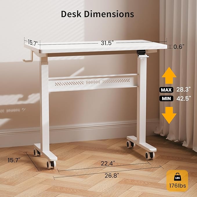Mobile Standing Desk with Wheels 32 inch Pneumatic Height Adjustable Desk for Walking Pad Small Rolling Computer Workstation Portable Sit Stand Desk for Home Office 28-43 Tall White