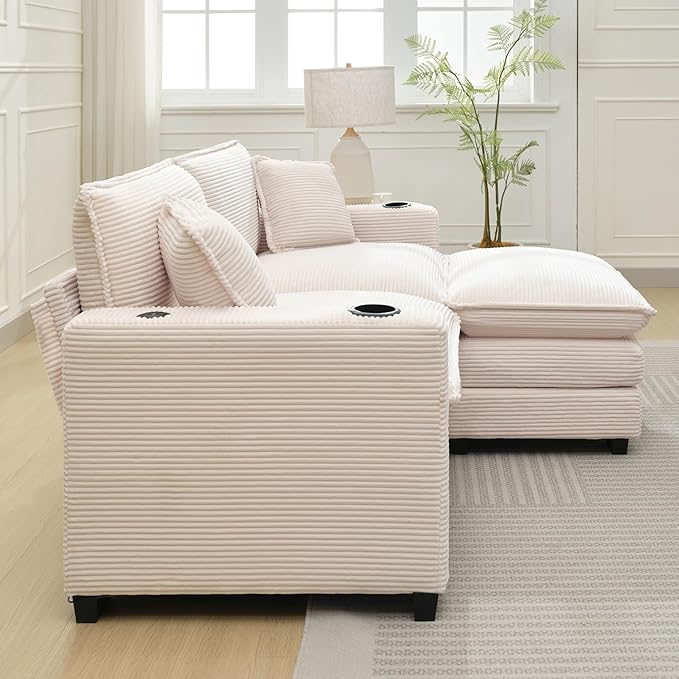 KIVENJAJA Corduroy Cloud Sectional Couch Modular Oversized Loveseat Sofa with Ottoman Cup Holders &amp USB Port Comfy 2 Seater Love Seat for Living Room Small Space 82.7”W Beige