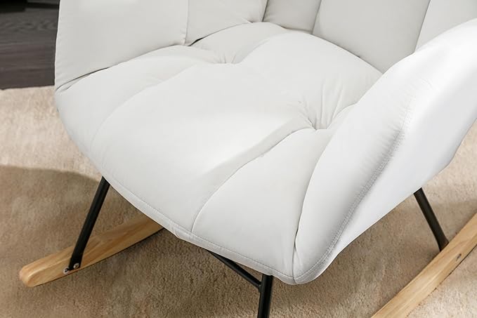 Mid Century Modern Velvet Tufted Upholstered Rocking Chair Padded Seat for Living Room Bedroom White