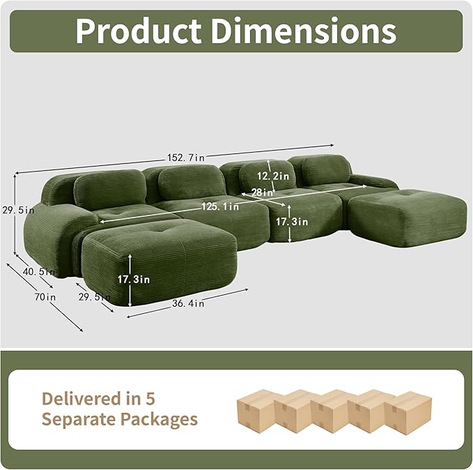 152.7” U Shaped Boneless Couch with Ottoman Corduroy Modular Sectional Sofa Comfy 6 Seater Cloud Sofa Sectional Deep Seat Modern Upholstered Couches for Living Room No Assembly Required