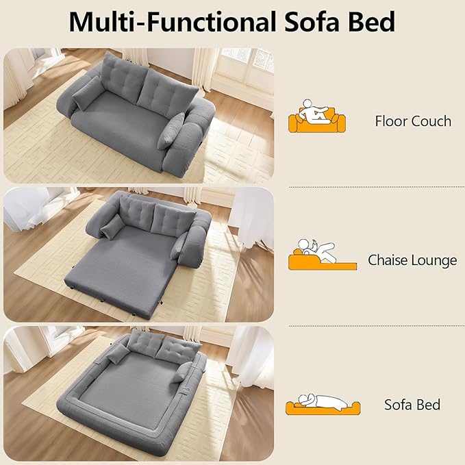 78.7'' Folding Sleeper Sofa 3 in 1 Folding Sofa Bed Teddy Couch Upholstered Deep Seat Bean Bag Lounge Recliner Oversized Human Dog Bed for Living Room Playroom Bedroom (Gray)