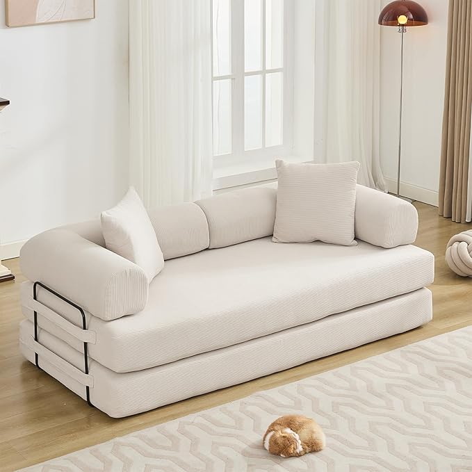 Convertible Folding Sofa Bed Modular Floor Sofa with Removable Backrest 3-Seater Fold Out Couch Bed with Pillows King Size Futon Lazy Couch Corduroy Sleeper for Living Room Dorm Beige