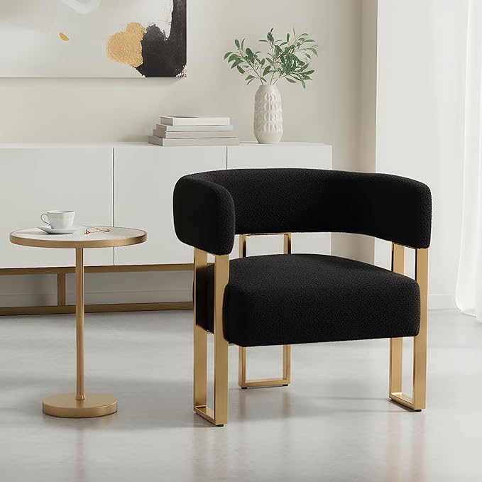 Modern Barrel Accent Chair with Golden Metal Legs Soft Sherpa Upholstered Reading Armchair Boucle Living Room Side Chair for Bedroom/Reception Room/Lounge/Office Black