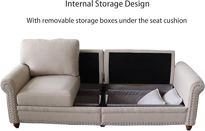 Lestar Fabric Sofa Couch 3 Seats Modern Upholstered Sofas 3 Seater Couches with Nails and Armrests (Beige)