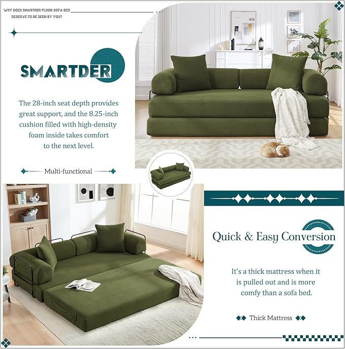 Convertible Folding Sofa Bed Modular Floor Sofa with Removable Backrest 3-Seater Fold Out Couch Bed with Pillows King Size Futon Lazy Couch Corduroy Sleeper for Living Room Dorm Green