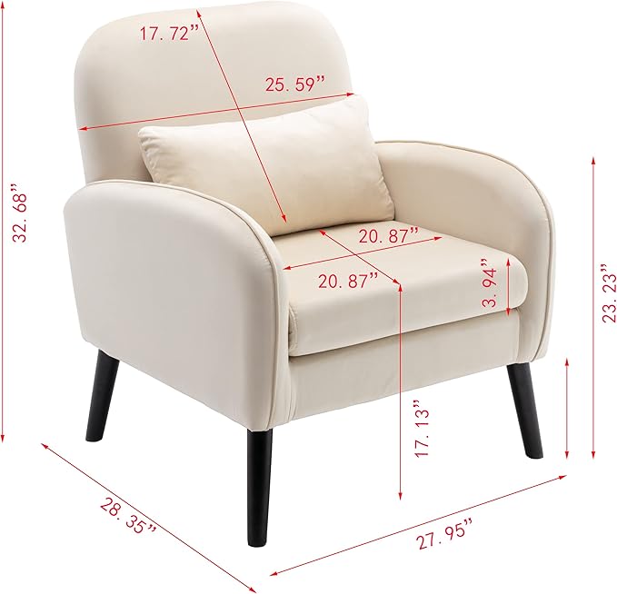 Mid Century Modern Accent ChairSingle Sofa Chair with Solid Wood Legs Comfy Fabric Upholstered Reading Armchair with A Soft Cushionfor Living Room BedroomApartmentOffice (Cream)
