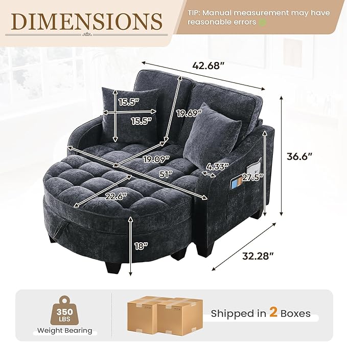 Oversized Chair and A Half Chenille Tufting Accent Cozy Reading Sofa Chair with Storage Ottoman Upholstered Loveseat Chaise Lounge Sofa with Adjustable Back for Living Room Office Sunroom Black