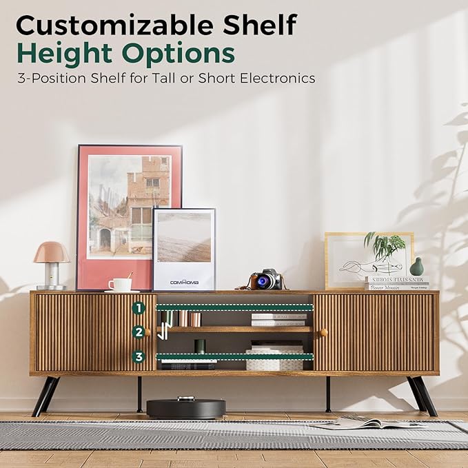 COMHOMA TV Stand for Living Room Mid Century Modern Entertainment Center for 55/60/65 Inch TVs Retro Brown TV Console with Fluted Door Cabinets and Open Adjustable Shelve Storage for Bedroom (59In)