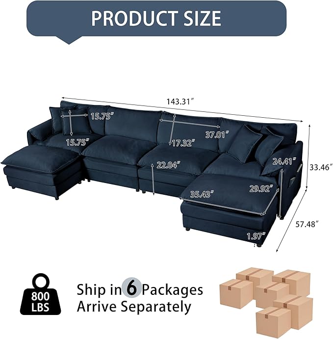 144 Modular Sectional SofaU-Shaped Chenille Sofa Couch with Movable OttomanModern 6 Seat Cloud Sectional Couches for Living Room Office Home (Blue 144 U-6 Seater)