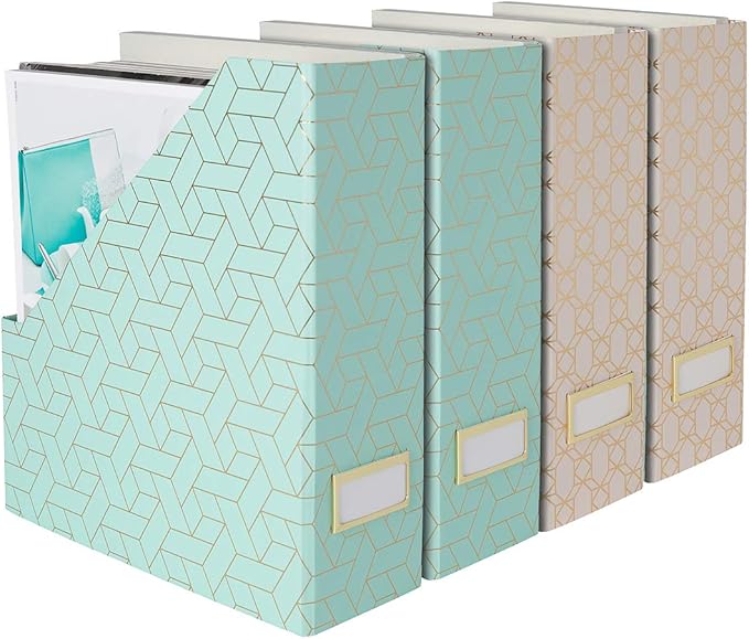 BLU MONACO | Set of 4 Foldable Pink &amp Aqua Magazine File Holders with Gold Geometric Patterns | Vertical File Organizer Boxes with Gold Label Holders for Home &amp Office