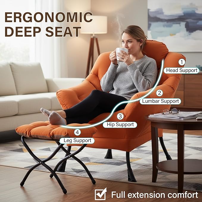 Welnow Lazy Chair with Ottoman for Living Room Modern Reading Accent Chair with Armrests and a Side Pocket Leisure Upholstered Lazy Sofa for Small Space Bedroom Dorm Orange