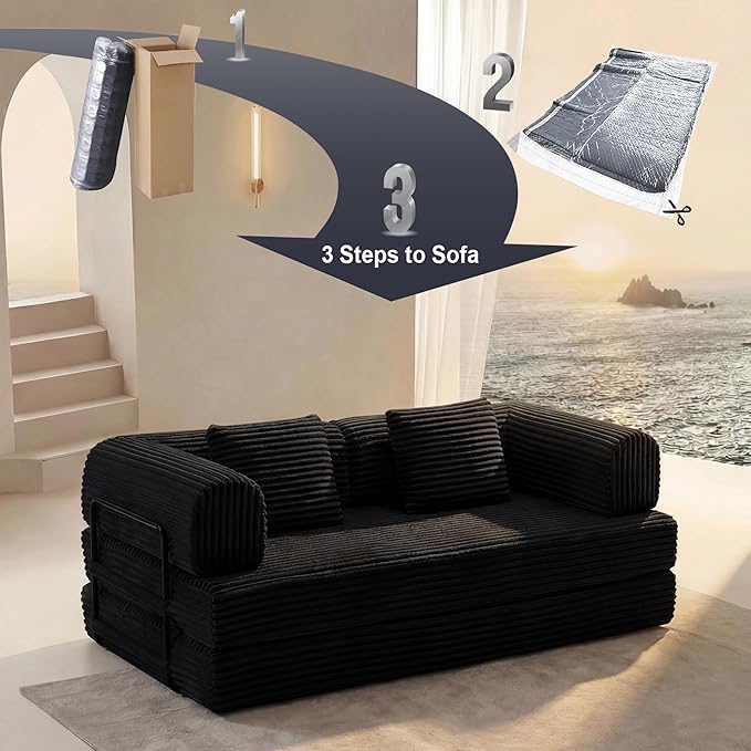 Convertible Sleeper Sofa Bed Folding Floor Mattress Couch with Fixed-Shape Frame Futon Boneless Couch Lounge Loveseat with Pull Out Bed No Assembly Required Black