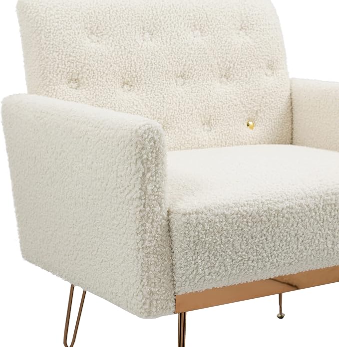 Accent Chair for Living Room Comfy Oversized Velvet Upholstered Arm Chairs Mid Century Modern Reading Single Sofa Side Chair with Tufted Back and Gold Legs for Bedroom (1 Teddy White)