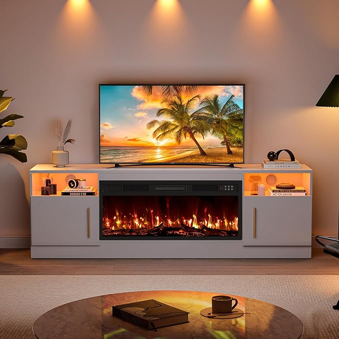 VITESSE Fireplace with TV Stand 36 inch Electric Fireplace Up to 80 TVs LED Light Entertainment Center 70 Modern Wood High Gloss with Highlight Storage Cabinet for Living Room (White)