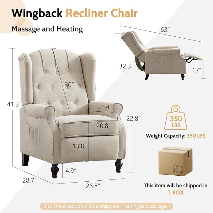 BINGTOO Push Back Recliner Chair with Massage and Heat Mid Century Tufted Fabric Wingback Chair with Rivet Decoration for Living Room Bedroom Beige 2 Chairs