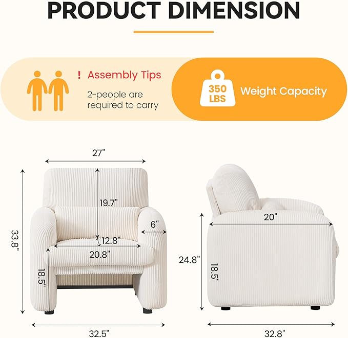 Modern Accent Chairs Set of 2 Comfy Upholstered Corduroy Armchair Stylish Lounge Reading Chair for Living Room Bedroom Beige