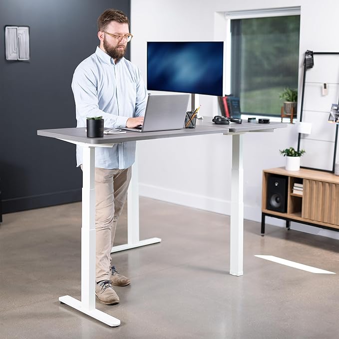 VIVO Electric Height Adjustable 67 x 60 inch Corner Stand Up Desk 2 Dark Gray Solid Table Tops White Frame Memory Controller L-Shaped Workstation 3E Series DESK-KIT-3E6WG
