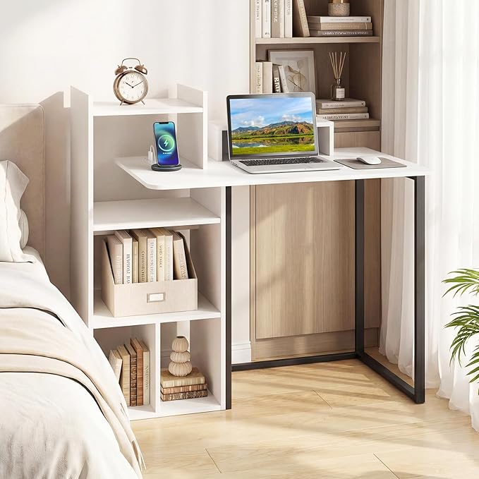 Tangkula Computer Desk with Charging Station 43.5 Study Desk with Ergonomic Monitor Stand &amp Storage Shelves Corner Writing Desk with Metal Frame Modern Home Office Computer Workstation