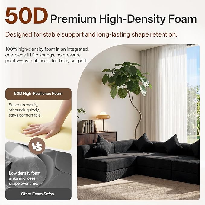 112.2 Modular Sectional Sofa 4-Seater All-Foam Boneless Cloud Couch Corduroy Foldable Convertible Sofa Bed Futon Sleeper Floor Sofa for Living Room No Assembly Required Black