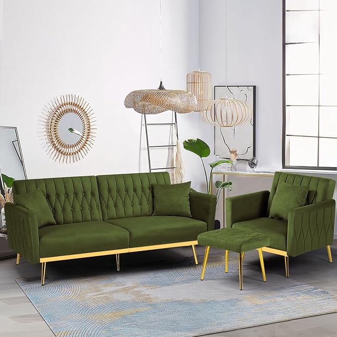 2 Pieces Velvet Sofa Set with Adjustable Armrest and Backrest 70” Convertible Futon Sofa Bed &amp Mordern Accent Chair with Ottoman for Living Room Bedroom Olive Green