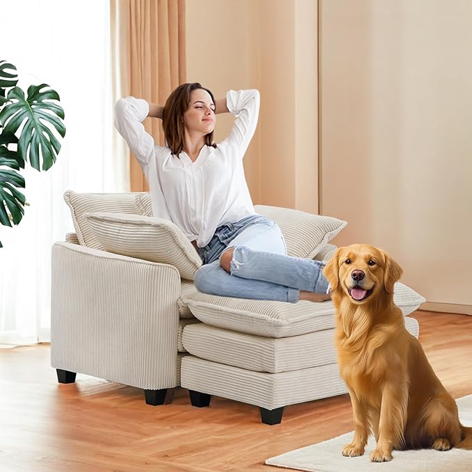 Furniliving Oversized Accent Chair with Ottoman Luxury Corduroy Single Sofa Upholstered Deep Seat Chaise Lounge with Pillows for Living Room Bedroom Apartment Beige